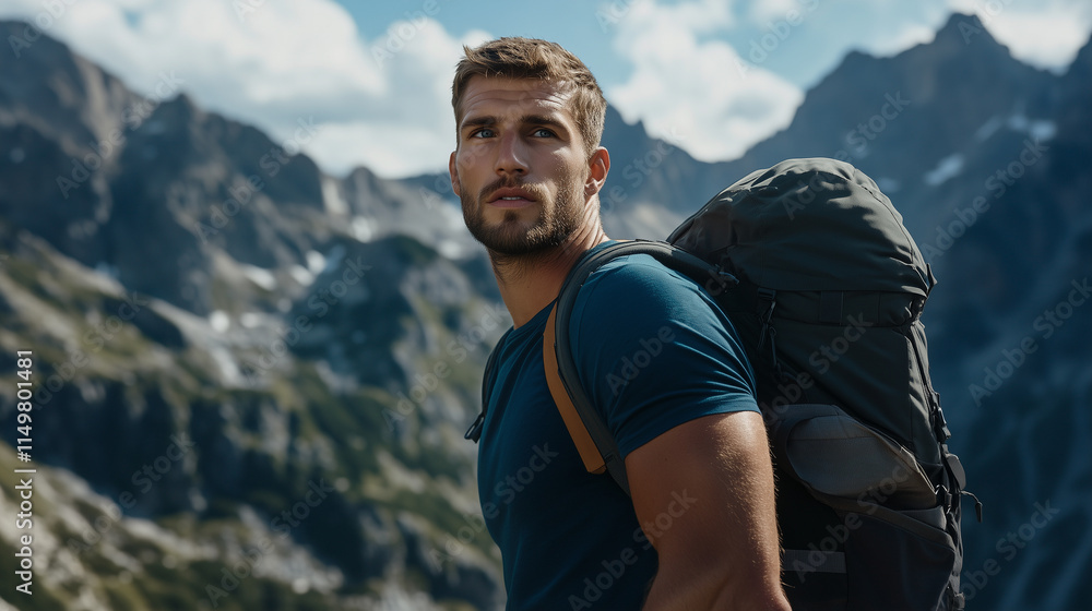 Naklejka premium Handsome young man with a backpack standing in front of mountains