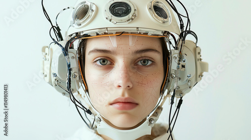 Obraz na płótnie A young woman is depicted wearing an advanced neural helmet with multiple cables and components, suggestive of scientific exploration or futuristic technology. w salonie