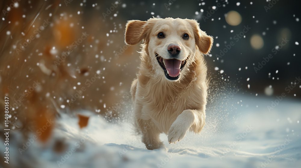 Joyful dog running through fresh snow in a winter landscape Joyful dog running through fresh snow in a winter landscape