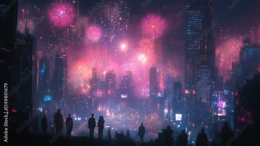 A high-resolution image of a fireworks display lighting up the night sky, with a silhouette of a celebrating crowd below, in a cityscape setting. A high-resolution image of a fireworks display lighting up the night sky, with a silhouette of a celebrating crowd below, in a cityscape setting.