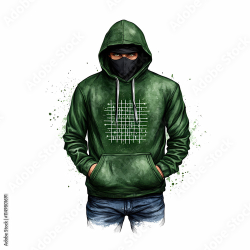 mysterious figure in green hoodie and mask stands confidently, embodying sense of intrigue and anonymity. design features grid pattern, enhancing enigmatic vibe photo