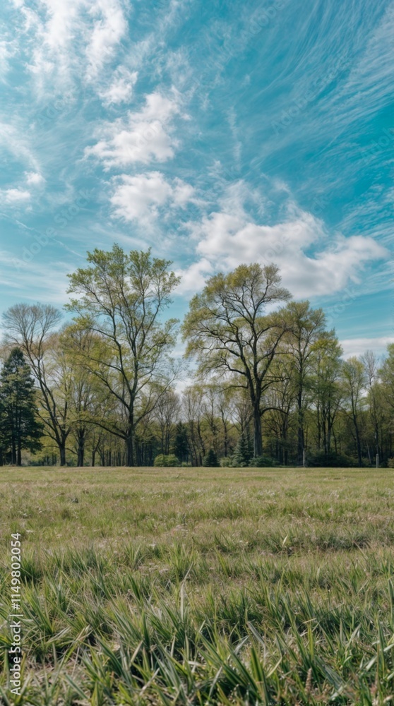 A picture of green grass under a clear blue sky. In the background, there are tall trees with green leaves. A picture of green grass under a clear blue sky. In the background, there are tall trees with green leaves.