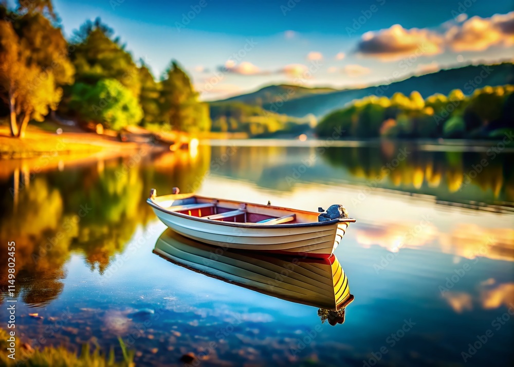 Tilt-Shift Lake Boat Photography: Peaceful Lakeside Scene, Miniature Effect, Diarama, Calm Water, Summer Idyll Tilt-Shift Lake Boat Photography: Peaceful Lakeside Scene, Miniature Effect, Diarama, Calm Water, Summer Idyll