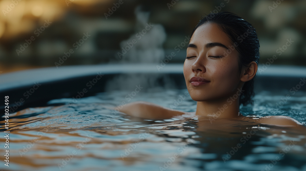 Fototapeta premium Serene portrait of a young Japanese woman relaxing in a hot tub