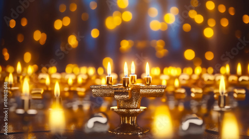 Jewish holiday. Burning golden candles at Menorah on festive background filled with warm light. Beautiful banner. Hanukkah celebration in the church. photo