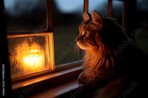 Longhaired cat gazing at a candlelit window photo