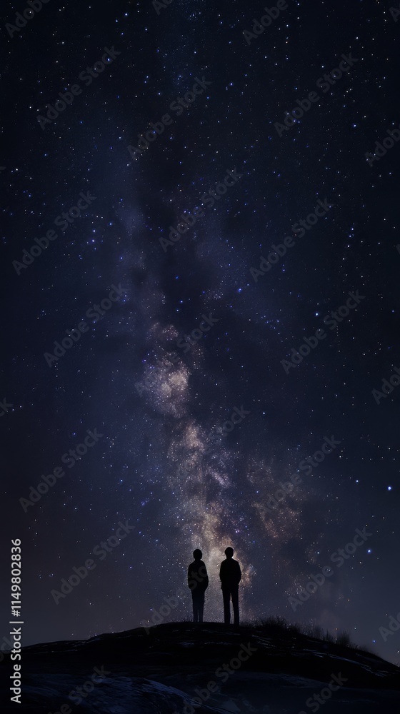 Beautiful starry night, two silhouette stands on in the hill and looks at the milky way galaxy. space background. Ultra realistic. Photorealistic Beautiful starry night, two silhouette stands on in the hill and looks at the milky way galaxy. space background. Ultra realistic. Photorealistic