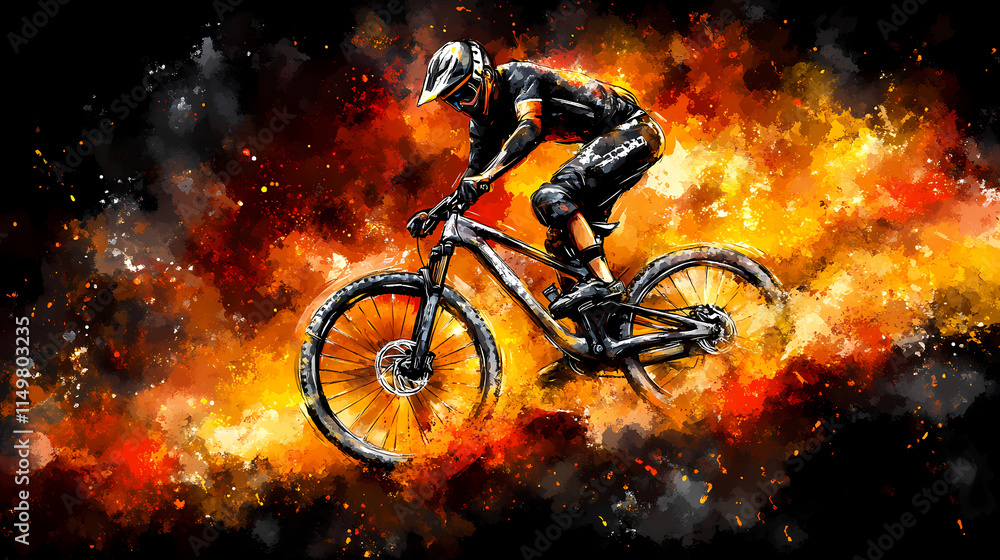 Naklejka premium mountain biker performs impressive jump against fiery, colorful background, showcasing skill and adrenaline in dynamic scene