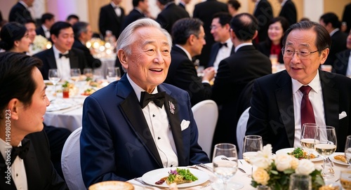 Asian elderly man in suit enjoying conversation at gala dinner with guests