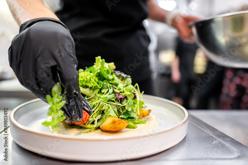 Wallpaper Mural A chef in black gloves skillfully arranges a fresh salad with green leaves and colorful vegetables on a plate, showcasing culinary expertise in a modern kitchen setting. Torontodigital.ca