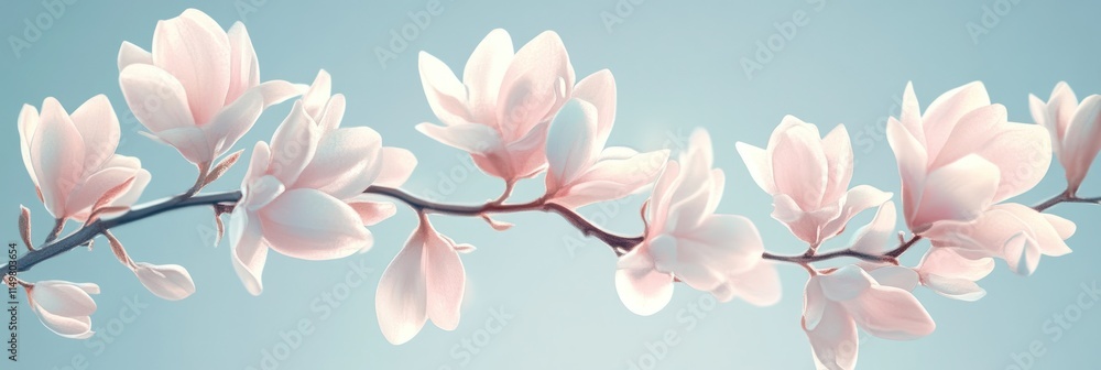 Fototapeta premium Delicate Pink Magnolia Blossoms Branch Against Blue Sky