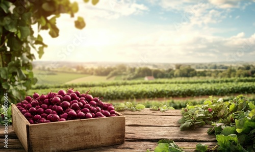 Vibrant harvest of juicy red fruits showcased against a breathtaking vineyard landscape at sunset