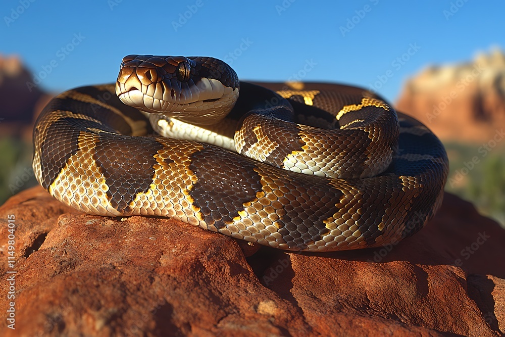 Obraz premium Coiled Python Rests on Desert Rock Basking in Sunlight