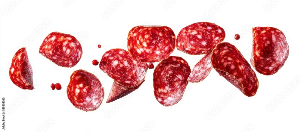 Slices of spicy salami float in mid-air showcasing vibrant colors and textures in a creative culinary composition Slices of spicy salami float in mid-air showcasing vibrant colors and textures in a creative culinary composition