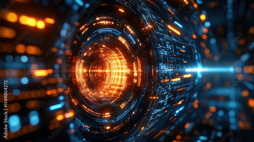 Obraz premium Abstract digital tunnel with glowing lines and particles.