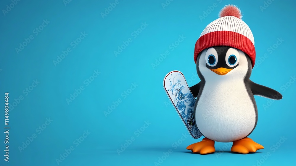 Fototapeta premium A cartoon penguin wearing a blue hat holds a blue snowboard in front of a blue background.