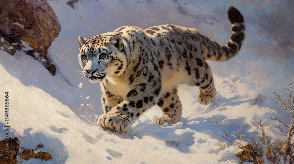 Fototapeta premium Snow Leopard on Snowy Mountainside