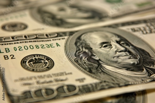 One hundred dollar bills featuring a portrait of benjamin franklin are stacked, representing american currency and finance