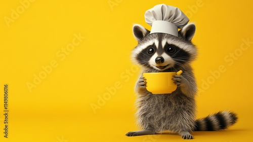 A cartoon raccoon wearing a chef's hat holds a yellow cup. photo