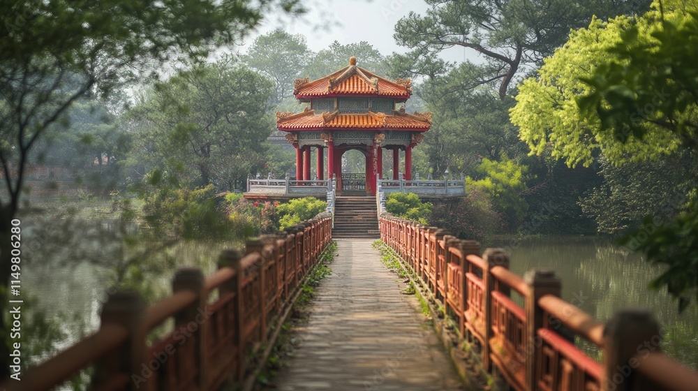 A Red Bridge Leading to a Chinese Pagoda A Red Bridge Leading to a Chinese Pagoda