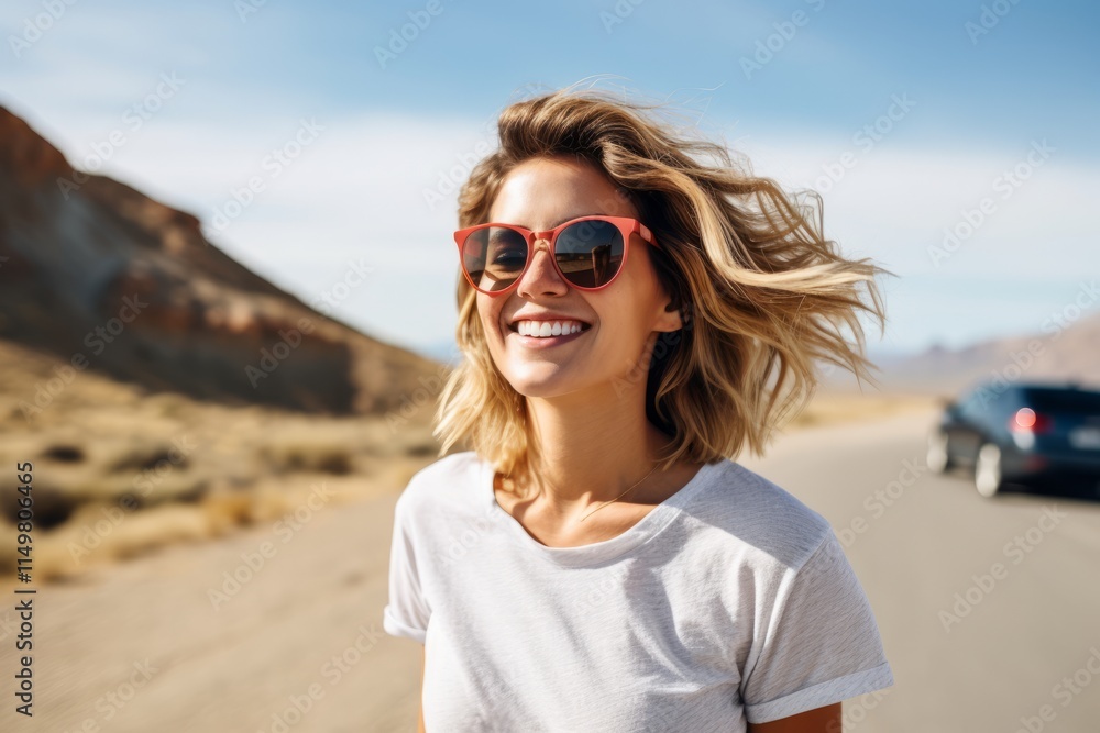 Portrait of a beautiful young woman in sunglasses and a white T-shirt standing on the road in the desert Portrait of a beautiful young woman in sunglasses and a white T-shirt standing on the road in the desert