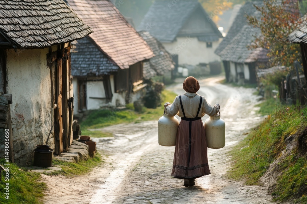 Woman Carrying Milk Jugs in a Historic Village Woman Carrying Milk Jugs in a Historic Village