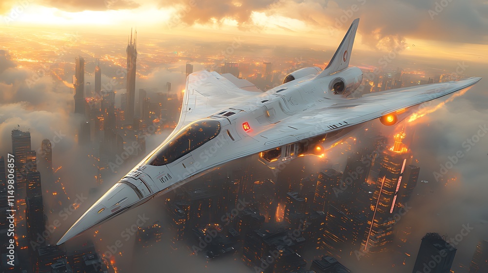 Fototapeta premium Futuristic white aircraft flying above a city at sunset.