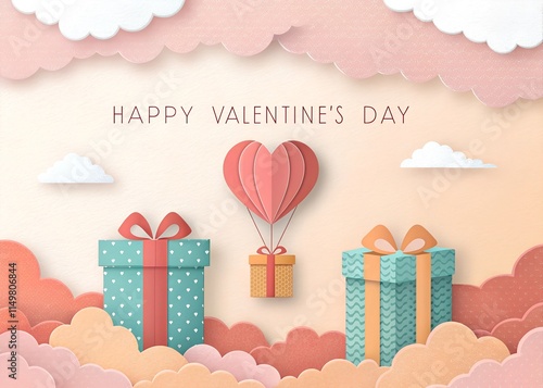 Valentine's Day Card With Gifts and Heart Balloon on Pink Clouds