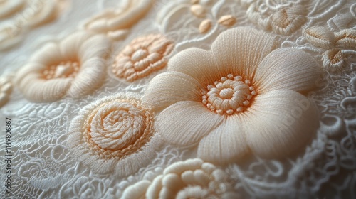 Intricate floral embroidery, cream lace fabric.