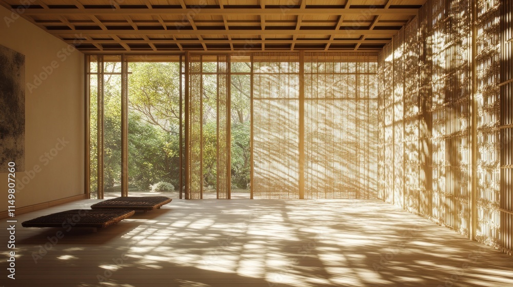 Fototapeta premium Minimalist Zen Interior Design with Natural Light and Wooden Accents