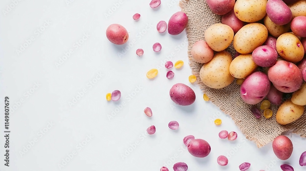 Fresh Colorful Potatoes on Natural Fabric Surface with Spilled Pieces Fresh Colorful Potatoes on Natural Fabric Surface with Spilled Pieces