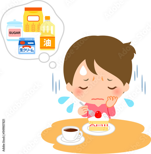 ケーキの材料を気にして食べるのを躊躇う女性