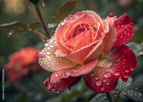 Close-Up of Dewy Rose in Bloom with Fresh Morning Drops photo