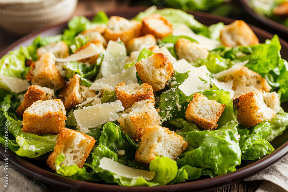 Fresh Caesar Salad with Crispy Croutons, Parmesan Cheese, and Creamy Dressing on a Rustic Bowl - Healthy Lunch or Dinner Option for Home, Restaurant, or Catering Presentation Fresh Caesar Salad with Crispy Croutons, Parmesan Cheese, and Creamy Dressing on a Rustic Bowl - Healthy Lunch or Dinner Option for Home, Restaurant, or Catering Presentation