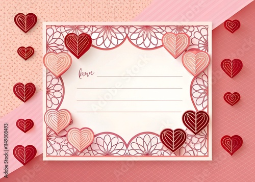 Romantic Valentine-Themed Card Template with Hearts and Decorative Patterns