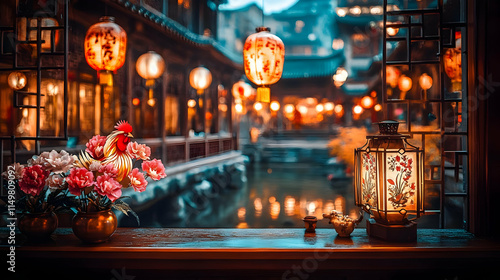 Wallpaper Mural Night Scene in Asian City, Lantern Lit Window View Torontodigital.ca