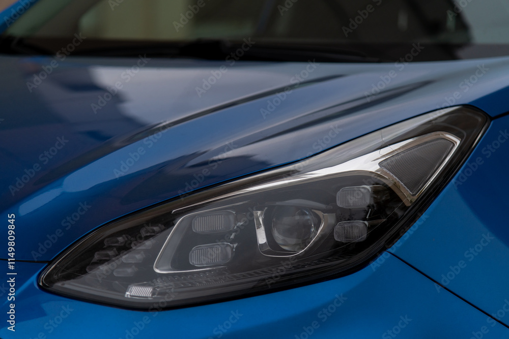 Close-up front view or elegant headlight of modern blue coloured car outdoors on city street. Soft focus. Copy space. Automobile details theme. Close-up front view or elegant headlight of modern blue coloured car outdoors on city street. Soft focus. Copy space. Automobile details theme.