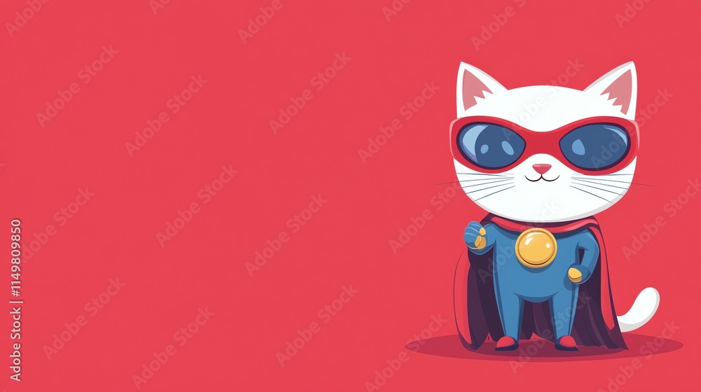 Fototapeta premium A cartoon superhero cat wearing a blue suit and red cape stands on a red background.