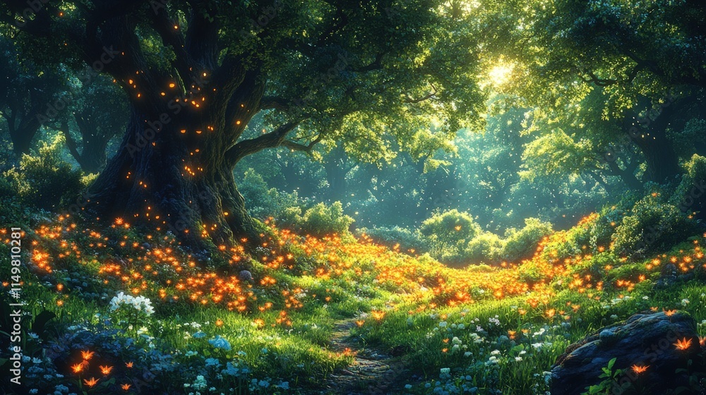 Fototapeta premium Magical forest, glowing flowers, ancient tree.