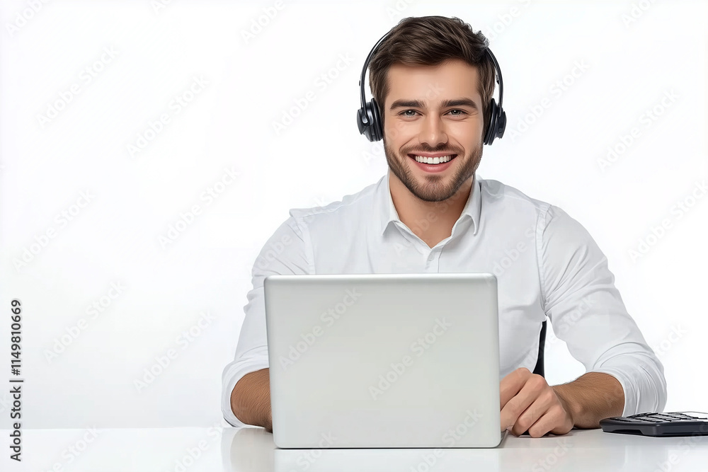 man wearing headphones is smiling and sitting at a desk with a laptop. He is working or enjoying some leisure time man wearing headphones is smiling and sitting at a desk with a laptop. He is working or enjoying some leisure time