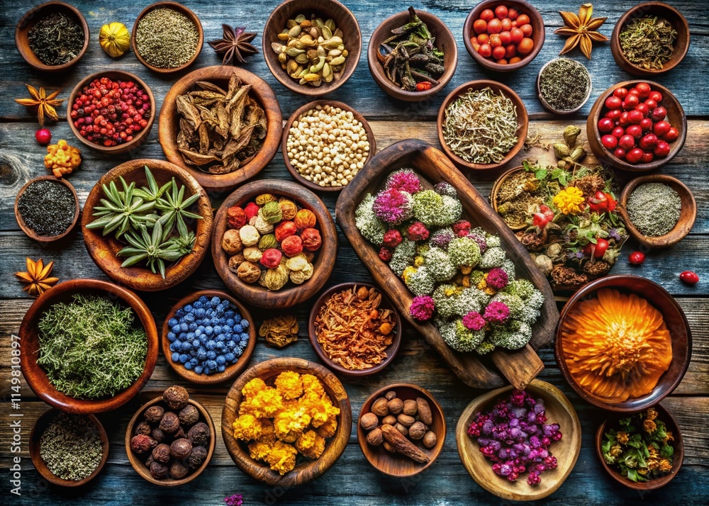 Top View Dried Chinese Herbs & Flowers in Wooden Bowls - Herbal Medicine Top View Dried Chinese Herbs & Flowers in Wooden Bowls - Herbal Medicine