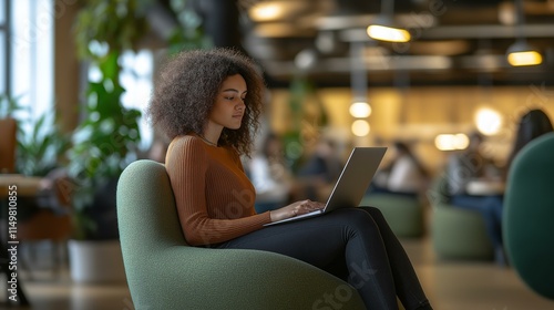 Young woman working on laptop in a cozy, casual office with natural light