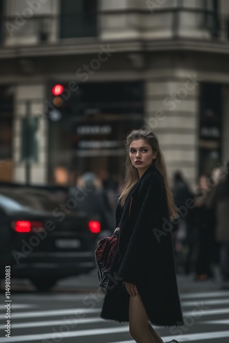 Stylish woman in black coat on a busy city street in a fashion shot