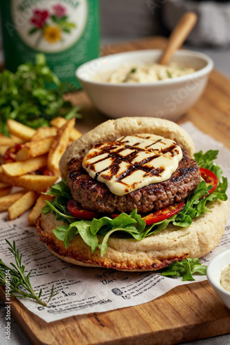 Grilled halloumi burger with lettuce and tomatoes on a rustic wooden board