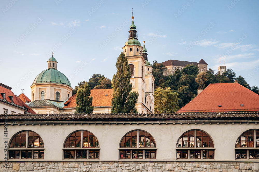 Plecnik Covered Market which runs along the covered building opposite the central market and bordering the Ljubljanica canal Plecnik Covered Market which runs along the covered building opposite the central market and bordering the Ljubljanica canal