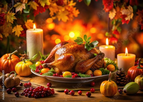 Elegant silhouette turkey centerpiece graces your Thanksgiving table, surrounded by candles and autumnal side dishes. photo