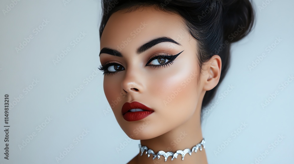 A woman with dark hair and bold makeup looks at the camera. A woman with dark hair and bold makeup looks at the camera.