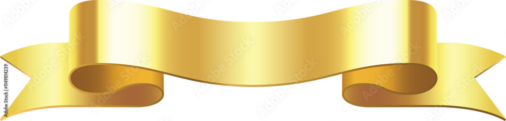 Shiny golden ribbon banner waving freely on white background, perfect for celebrations, awards, or festive decorations, adding a touch of elegance and prestige