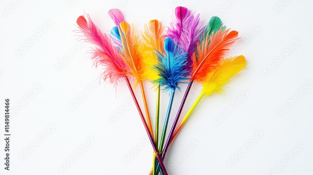 Colorful Feather Arrangement on White Background Colorful Feather Arrangement on White Background