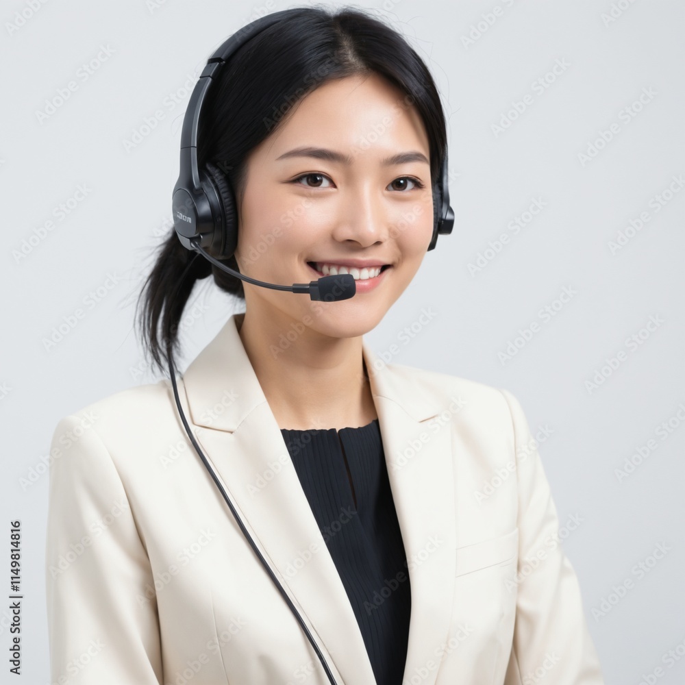 Portrait of Asian woman in call center with smile, headset and happy to help at customer service agent or sales desk. Telemarketing, communication or reception, businessman with cheerful face . Ai gen Portrait of Asian woman in call center with smile, headset and happy to help at customer service agent or sales desk. Telemarketing, communication or reception, businessman with cheerful face . Ai gen